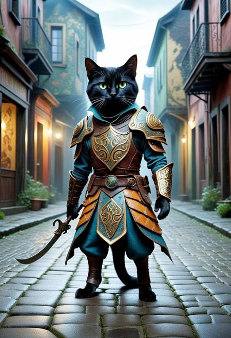 lazypos, full body, centrally focused, from the side, looking at viewer, highres, realistic, sharp focus, 8k, vibrant colors.
A singular cat warrior stands poised in the center of a mist-laced cobblestone street, clad in weathered leather armor stitched with mysterious runes that swirl along their body. Its fur ripples with tension, eyes gleaming with purpose as it scans the shadowy, dreamlike town in search of elusive catnip rumored to grow in haunted corners.
The scene is drenched in cinematic lighting, long shadows stretch from crumbling buildings, and subtle glowing particles float in the air like forgotten spirits. The town seems warped, too quiet, its surreal architecture twisting slightly in the corners of perception.
Hints of something ancient and unsettling linger in the atmosphere: tattered posters flutter with unseen warnings, and a faint mewl echoes from nowhere. The mood is strangely still, a colorful, surreal world with subtle macabre undertones, where even a cat’s quest for joy carries the weight of myth and menace