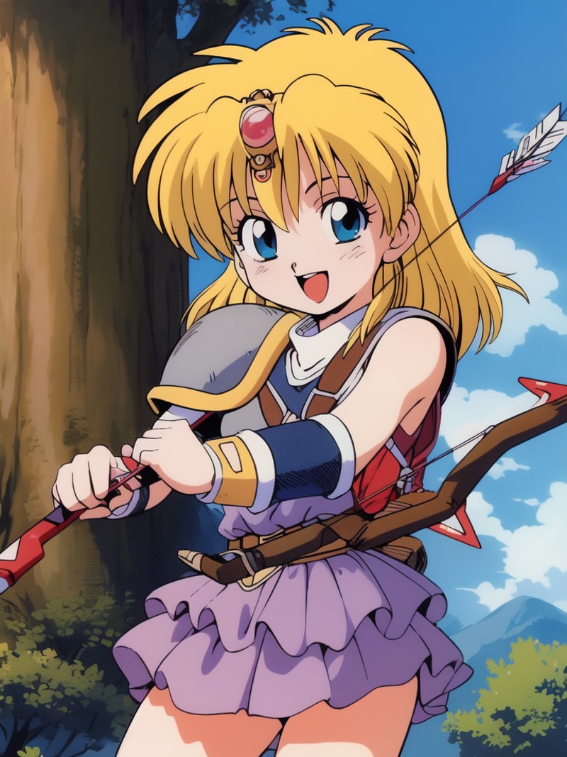 <lora:Fanna:0.8>,  Fanna, 1girl, solo, arrow (projectile), weapon, bow (weapon),  quiver, armor, blue eyes, tree, 1990s (s...