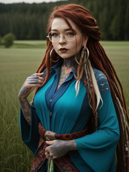 cowboy shot, m0rg1n as environmentalist fashion fairy, ikat, batik, kimono, tight, breasts, small waist, hair up,  {huge dreadlocks), lennon glasses, posing in meadow, studio lighting, bare arms, bare shoulders <lora:m0rg1n_v2-000006:1>