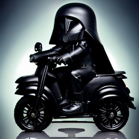 <lora:DarkHelmetV2Lora:0.9> man, dark, helmet, mask, hood , full body, riding a children car