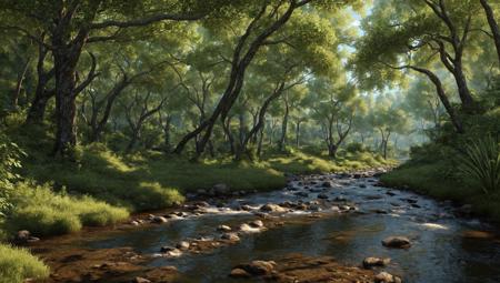 ((masterpiece:1.4,best quality)),
jungle, high trees, creek
high detail, abundant, 8k, high detail, wallpaper,
