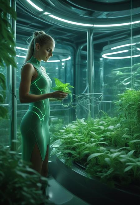 Serene High Elf bio-engineer with leaf-like ears and glowing green veins, tending to a vertical hydroponic garden in a hermetically sealed biodome, futuristic lab equipment and holographic plant data displays nearby, contrasting lush greenery against the stark industrial cityscape visible through curved glass walls, air purification systems humming in the background FastNegativeV2