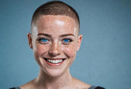 beautiful lady, (freckles), big smile, blue eyes, buzzcut hair, dark makeup, hyperdetailed photography, soft light, head and shoulders portrait, cover as laracroft