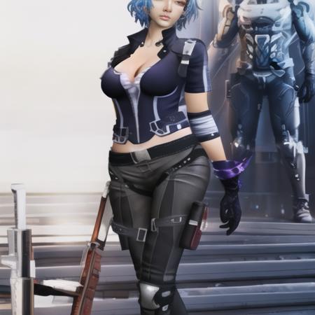 (masterpiece, best quality:1.2),illustration,8k,hd,1girl,solo,upper body,portrait,standing,realistic,delicate face,beautiful detailed eyes,breasts,short hair,cleavage,gloves,hat,knee pads,large breasts,boots,blue hair,midriff,pants,shirt,short sleeves,grey hair,elbow pads,black pants,belt,<lora:Sophia-V1:0.9>,