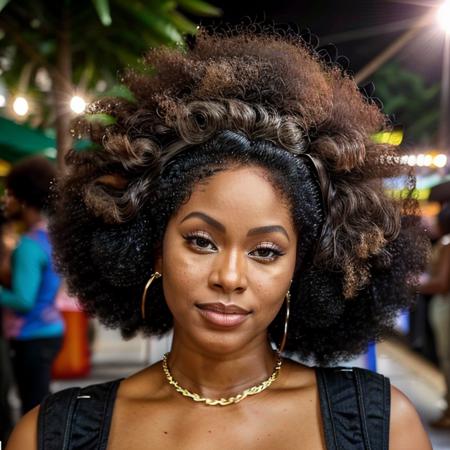 <lora:CoÌpia de BrenndaMartins-10:0.8> brennda, a woman with a big afro is taking a selfie with her cell phone in her hand, (closeup photo), (perfect face), bokeh, 135mm, 8k, super detail, ccurate, best quality