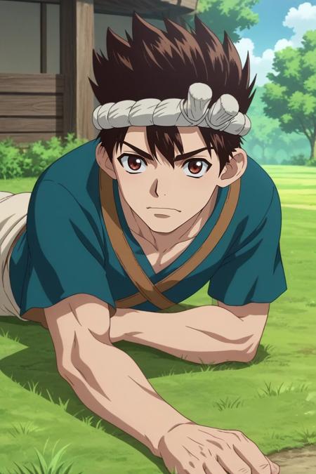 chrome_dr_stone, brown hair, brown eyes, short hair, spiked hair headband hachimaki