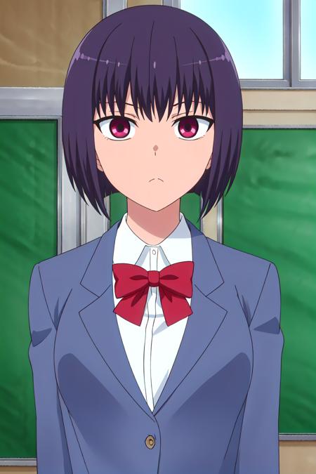 ((best quality)),((highly detailed)),masterpiece,absurdres,detailed face,beautiful face,(detailed eyes, deep eyes),(1girl),((dynamic pose)), <lora:hana:0.7>Hana, 1girl, solo, bow, looking at viewer, short hair, school uniform, red bow, bowtie, jacket, closed mouth, purple hair, upper body, purple eyes, shirt, red bowtie, white shirt, indoors, bangs, collared shirt, blazer, expressionless, blue jacket, classroom, black hair, window, pink eyes, sky, frown, chalkboard, wing collar, red eyes, bob cut, cloud, school, oekaki, portrait, scenery, building, :<