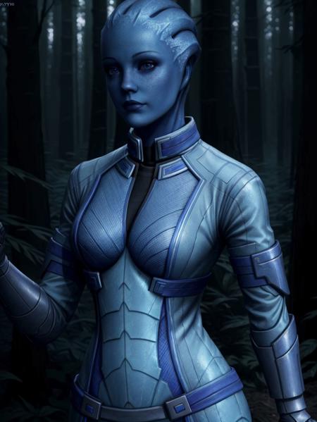 masseffectliara posing holding her hip with her hands in a forest, blue skinned woman, cute face, realistic armor materials, shiny armor, dramatic lighting, wallpaper, intricate, sharp focus, ray tracing, rtx, professionally color graded, professional photography, masterpiece, ultra detailed, high quality, best quality, 4k, 8k, raw <lora:masseffectliara:0.58> <lora:add_detail:0.25>