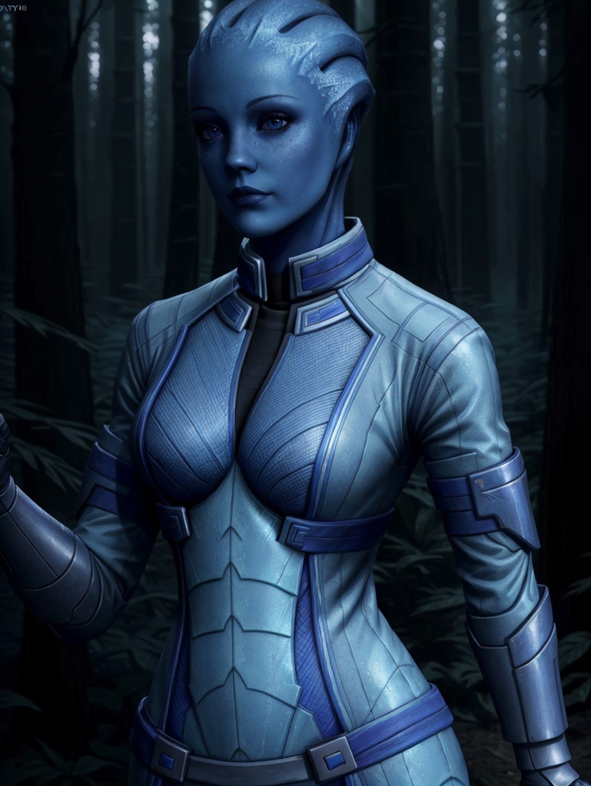 masseffectliara posing holding her hip with her hands in a forest, blue skinned woman, cute face, realistic armor material...