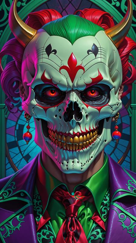 Hyper realistic art skull joker demon concept art portrait by Casey Weldon, Olga Kvasha, Miho Hirano, hyperdetailed intricately detailed gothic art trending on Artstation triadic colors Unreal Engine 5 detailed matte painting, deep color, fantastical, intricate detail, splash screen, complementary colors, fantasy concept art, 8k resolution, gothic DeviantArt masterpiece . Extremely high-resolution details, photographic, realism pushed to extreme, fine texture, incredibly lifelike