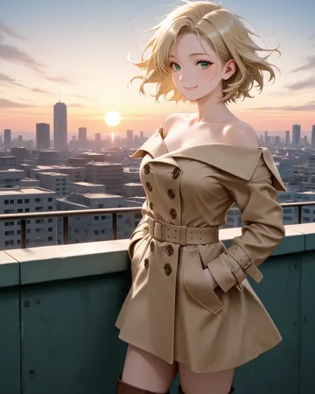 Sunset Private Eye: off-shoulder trench coat