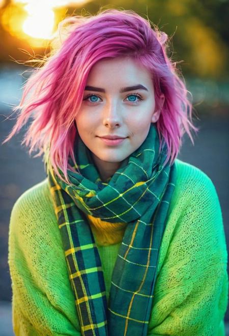 (ca45mv7-100: 0.7), photograph, blur background, neon, sharp, high quality, saturation, contrast, masterpiece, 8k uhd, front camera view, cheeks, girl, pink hair, medium hair, messy hair, floating hair, blue eyes, thick body, normal body weight, huge breasts, upper body, home, livingroom, green, yellow, beaultiful sunset, at work, covered neck, plaid red sweater, scarf, on knees, head tilt, cute smile, gazing down