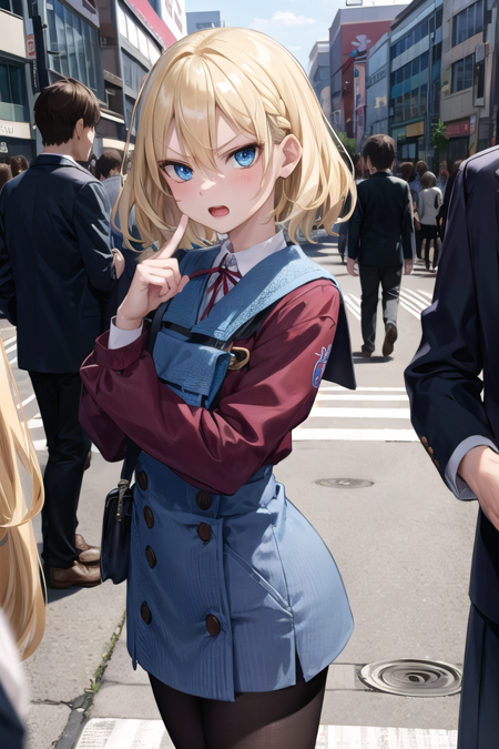 <lora:gekioko_v250:1>
 (cleavage:-1.5),
insanely detailed, absurdres, ultra-highres, ultra-detailed, best quality,
1girl, solo, nice hands, perfect hands,
BREAK,
(wearing winter school uniform),
angry, open mouth,
points to camera, cowboy shot,
BREAK,
slender, kawaii, perfect symmetrical face, ultra cute girl, ultra cute face, ultra detailed eyes, ultra detailed hair, ultra cute, ultra beautiful,
by Canon EOS, SIGMA Art Lens 35mm F1.4, ISO 200 Shutter Speed 2000,
in harajuku, shibuya, tokyo, street, crowd, cityscape,
medium large breasts,
BREAK,
(blonde medium hair, blue eyes), hair between eyes