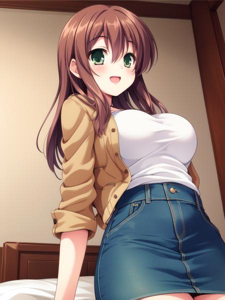 Asako, 1girl, soro, brown hair, green eyes, large breasts, long hair,