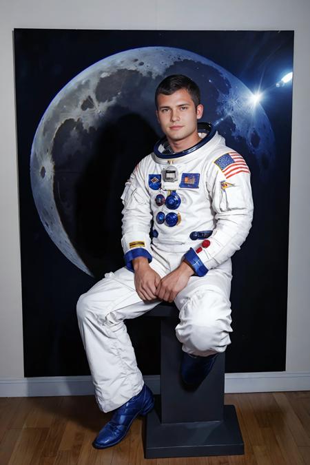 image of moon on the wall, standing next to a black pedestal, model of Moon rover sitting on pedestal, HaydenRichards is an Apollo astronaut dressing in an Apollo astronaut uniform having his portrait taken, looking at viewer, masterpiece, ((medium body portrait))  <lora:HaydenRichards:0.8>