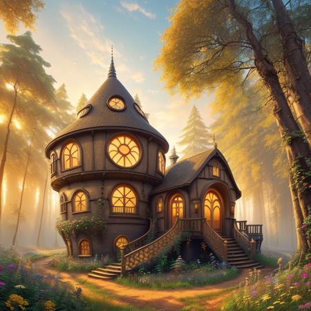 (Digital Artwork:1.3) of (one small hobbithouse in the middle of a forest with a round door and round windows on its side and a pathway leading to it, at sunset), (Low-angle perspective), (natural lighting), (Wide-angle lens capturing scenery), hidden objects games, video game concept art, (8K Unity wallpaper), fine details, award-winning image, highly detailed, 16k, cinematic perspective, ((video game environment concept art style)), pretty colors, cinematic environment, architecture, gothic, home design, forest cabin, magical, dark aesthetic, cottage, fairytale, goth, goth aesthetic, fairy tail, luxury, no humans, scenery, tree, outdoors, stairs, Highly Detailed,CGSociety,ArtStation