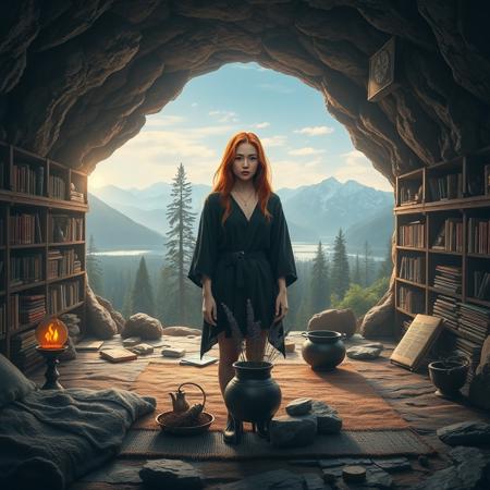 Surreal and imaginative digital artwork featuring a witches home set within a cave. The cave walls are lined with shelves filled with magical paraphernalia and books creating a magical atmosphere. The cave opening reveals a stunning view of forests mountains and lakes. In the centre of the scene, a woman with light skin and long copper hair, she has Asian features and is wearing a short black tunic, is standing relaxed on a mat, her eyes alert. In front of her, there are various items including a pot with lavender, a small cauldron, and a few stones. The overall ambiance is mystical and tranquil with a gothic edge