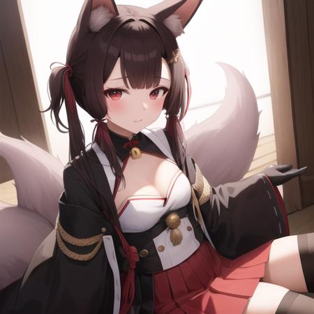 (masterpiece, best quality:1.2),illustration,8k,hd,1girl,solo,upper body,(portrait:1.2),animal_ears,fox_ears,short hair,twintails,red_eyes,petite,brown_hair,small_breasts,fox_tail,multiple_tails,bangs,cleavage,fox_girl,hair ornament,hair bell,black thighhighs,short twintails,zettai ryouiki,animal_ear_fluff,long sleeves,ribbon,jingle bell,hakama short skirt,japanese_clothes,kitsune,red_skirt,skirt,wide_sleeves,black_gloves,kyuubi,brown_tail,pleated_skirt,clog sandals,<lora:Akagi-Chan(azur)>,