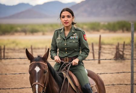 stunning cinematic photo of alexandria_ocasio_cortez patrolling the southern border on a horse, dressed in a military uniform, holding a whip, a barbed wire fence in the background, bokeh, <lora:alexandria_ocasio_cortez_aoc_sdxl_60:0.75>