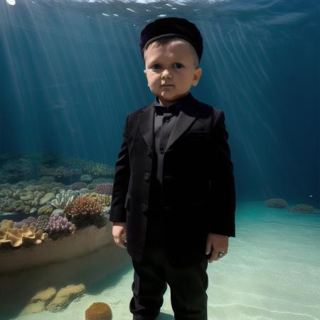 (full body) <lora:hasbula_v1:1>, hasbula,1boy, raw photograph, ultra detailed photrealistic, many colorful fishes, sand hills, black tailcoat, black hat, (at the dark bottom of the ocean), (bright rays of the sun)