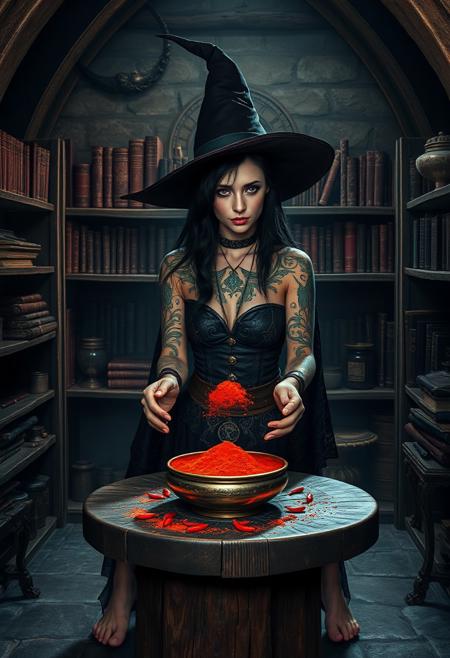 Within an ancient chamber, an enchanting pale skinned, black haired sorceress, adorned with a pointed witches hat, her body a tapestry of arcane tattoos, weaves her magic. Her face a picture of malign delight as she casts spells of old, her hands moving deftly over ancient artefacts and mystical ingredients, her feet bare on the cold flagstones. Before her, a copper bowl filled with  red chilli powder sits atop a worn, wooden pedestal. Shelves brimming with enchanted tomes and potions line the walls, telling tales of forgotten eras. The air hums with dark secrets and forbidden knowledge, a haven for those who seek the mysteries of the dark academia. across the top the text "Witchy's Extra Hot Chilli Powder". Medieval gothic setting, fantasy RPG characters, DnD, dark fantasy A mesmerizing, high-contrast, vivid cinematic photograph, ultra hd, realistic, vivid colors, highly detailed.