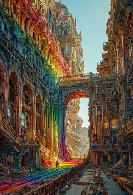glitched rainbow., intricate details, natural lighting, volumetric lighting maximalist. intricately detailed, complex, elegant, expansive, fantastical, film photography style,  medium grain, FRESHIDESH Moebius comic book