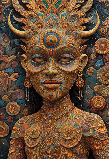 A psychadelic shamanic figure with a mask-like face, standing against a backdrop of carved stone mythologies
Renaissance portrait realism, modern textured illustration, soft yet structured brushwork, delicate chiaroscuro, warm muted color palette, finely detailed facial expressions, subtle atmospheric lighting, simplified yet expressive backgrounds, balance of precision and painterly abstraction, narrative depth, timeless yet contemporary aesthetic, visual storytelling through light and texture