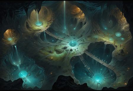 (cavern, RPG combat map, battle map, RPG map from above, highly detailed, highly detailed, dark, oil painting, combat map, high quality, tunnels, phosphorescent mushrooms, caverns, crevices, view from above, aerial view, detailed, from above, (top view: 1.3), long shot, aligned to the edge of the image,