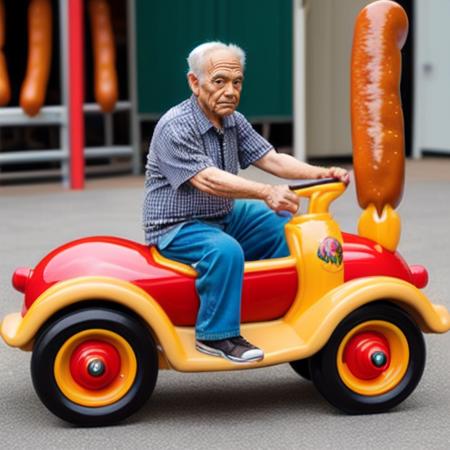 <lora:pandacar_v1:0.5>, (old man:1.1), sit astride, attraction, ground vehicle, handle, realistic, wheel, car, sausage, corndog