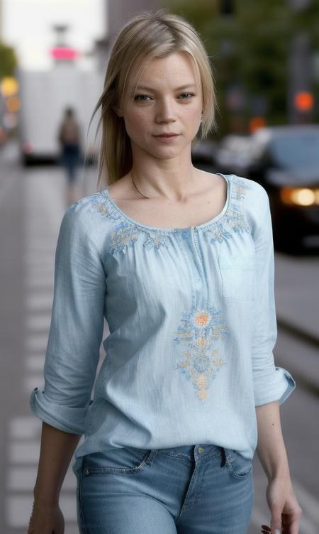 portrait photo of amysmart wearing a light blue blouse and jeans, high heels, walking on the street, (masterpiece), (best quality), (detailed), (8k), (HDR), (wallpaper), (cinematic lighting), (sharp focus), (intricate), (closeup)