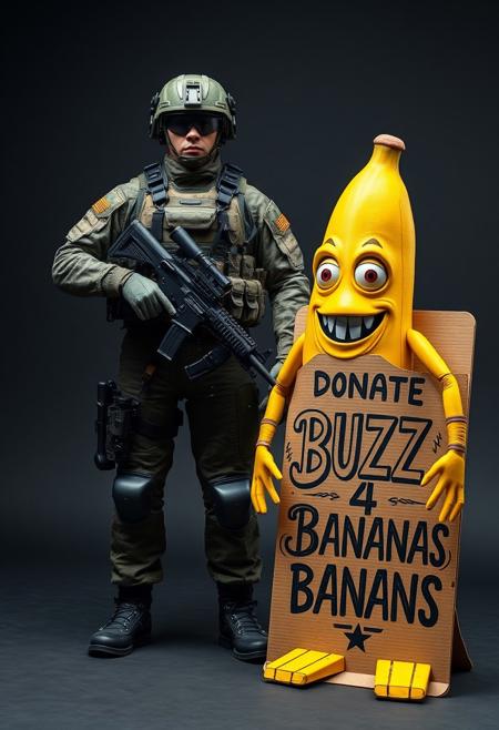 A highly detailed, full-figure real-life Marine Corps perfect soldier, standing still in a strong, disciplined stance. The soldier is fully equipped with modern, advanced weaponry and tactical gear, ready for action, displaying intense focus. In front of them stands a 2-meter-tall anthropomorphic yellow banana with human-like limbs, expressive eyes, and a mischievous grin, creating a surreal juxtaposition. Next to the banana is a cool, intricately detailed cardboard sign with complex designs that reads, ‘Donate Buzz 4 Bananas,’ featuring creative typography and artistic elements. The scene is rich in texture and contrast, blending the serious military theme with absurd humor.