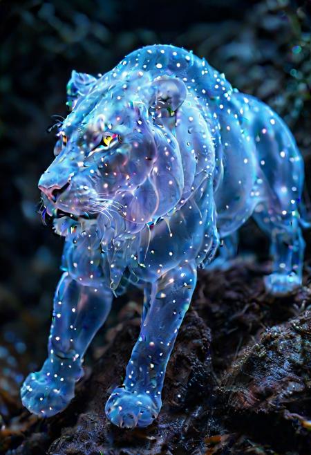 Ultrarealistic. lion  made of bioluminescent organisms