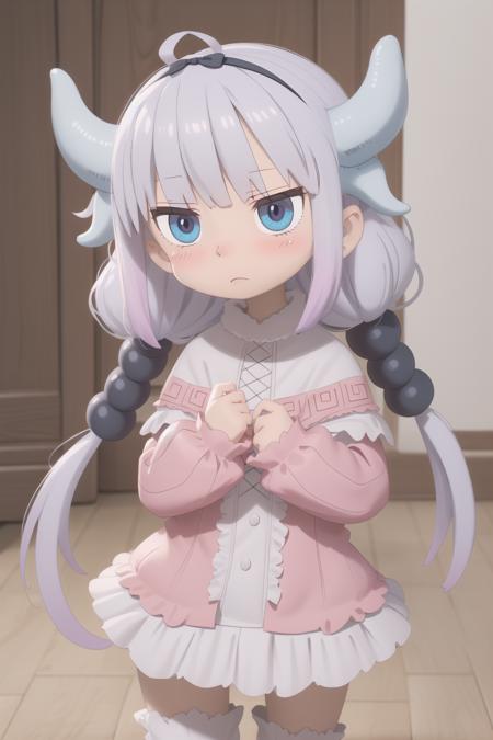 <lora:SketchyMaa:1> SketchyMaa, 1girl, solo, masterpiece; looking at viewer, blushing, embarrassed; <lora:Kanna05:1> kannakamui, dress, white thighhighs, dragon horns, hair beads, low twintails, AS-YoungerV2