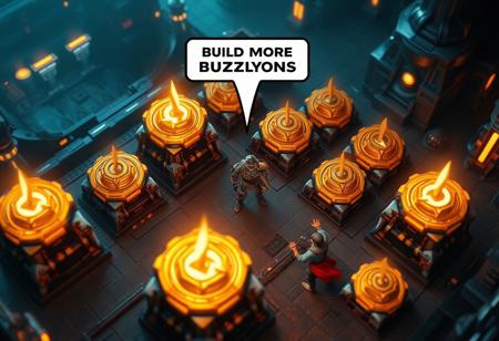 A masterpiece screenshot, isometric screenshot from above from an RTS videogame (real-time strategy), inspired by Starcraft 2, the camera is zoomed in showing several golden protons pylons (enegy crystals) with a 3d lightning symbol floating over each of them, a protoss soldier standing in the middle of the screen and saying in speech bubble ("Build More Buzzylons") vivid colors, cinematic lighting, moody lighting, highly detailed, subsurface light scattering, Dramatic lighting, masterpiece realistic photo, hyper realistic, digital 4k art, bokeh, depth of field, detailed eyes, 4K, vivid, extremely detailed, perfect anatomy, maximalist, dynamic, absurdres, 8k photography, three point perspective, Ultra-realistic, Kodak Motion Picture Film style, Analog photography, vntgfnts style, cinematic, film grain, detailed photorealism style