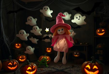 In a dimly - lit Halloween room, there are cute plush toys that look like ghosts floating in the air. A little witch with a pink pointed hat and a big smile is waving her star - tipped wand, casting some harmless yet spooky spells. There are also small, friendly - looking monsters with big eyes and goofy teeth, jumping around playfully. Cobwebs adorn the corners, and a few real - looking fake bats are hanging from the ceiling. Jack - o' - lanterns with silly faces are scattered about, their warm glow adding a touch of coziness to this otherwise eerie scene.
