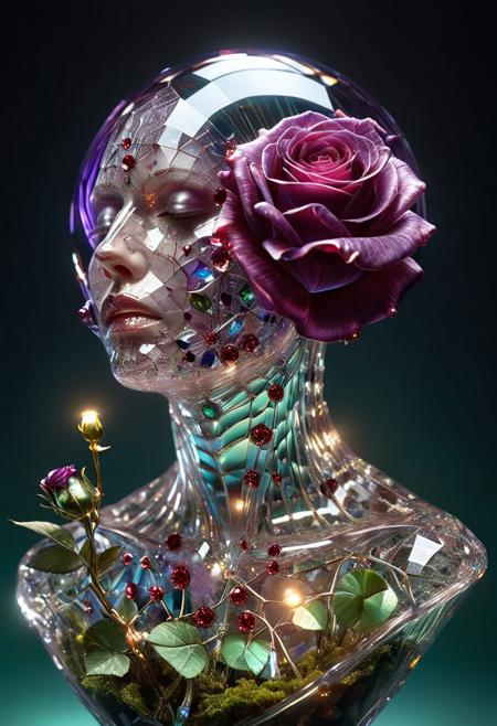 Ultra-realistic, 8K, enchanted glass terrarium containing:
beautiful woman, frowning, purple hair, short hair, green eyes, she holds a bouquet of dead roses, roses with translucent ruby gemstone petals (vitreous refraction), metallic obsidian stems (bioluminescent vascular system),  subsurface scattering in petal nanostructures, temporal anomaly causing timeline overlaps, hyperdetailed microbiology under gemstone epidermis, gothic biodigitalpunk style blending Zdzisław Beksinski and Ernst Haeckel, photorealistic macro photography meets celestial cartography
easynegative, cs-cr1stal-v2