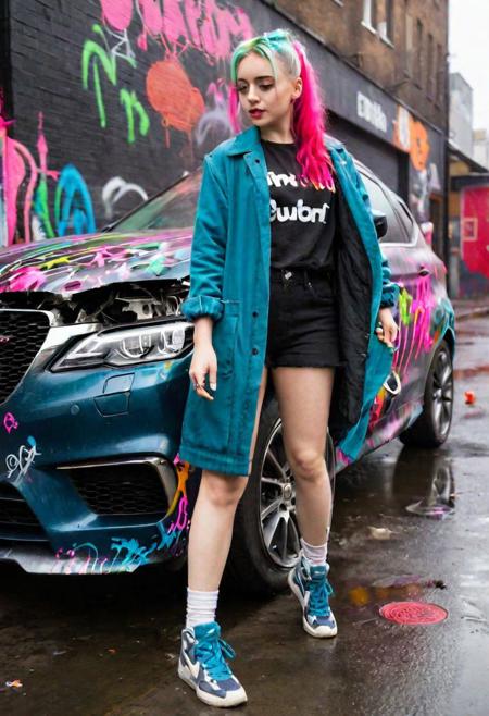 <lora:badquality_v02:1>, 
((deep focus, crisp focus, digital sharpening:2,  jpg, grainy snapchat still, instagram post, blurry, motionblur, flat light , haze, blur , out of focus, slow shutter, high ISO))
cute punk girl , next to car covered in graffiti, spraypaint can,
 busy crowded street night, natural light, 
topless