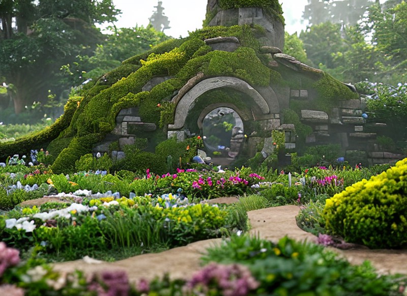 a discodifland inside a garden with stone portals, artstation, sharp focus, inspiring 8k wallpaper