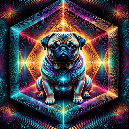 A surreal illustration of Schrodinger's pug, half alive and half dead, sitting inside a mysterious quantum box made out of fractangles, split into vibrant and dark geometrical halves, ethereal lighting, intricate fractal details, angular structures, science fiction atmosphere, highly detailed, concept art, ultra-high resolution <lora:Fractangles:0.85>