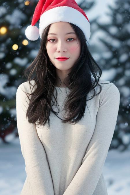 ultra realistic, masterpiece, epic scene, best quality, ultra details, ultra high res, raw photo, intricate details, extremely detailed CG, volumetric lighting, cinematic lighting,
real photo of young girl, long straight hair (public indecency)
(christmas hat),
Snowy Background,
Her makeup is refined, with soft blush tones, bold lashes, and glossy coral lips, exuding elegance and sophistication