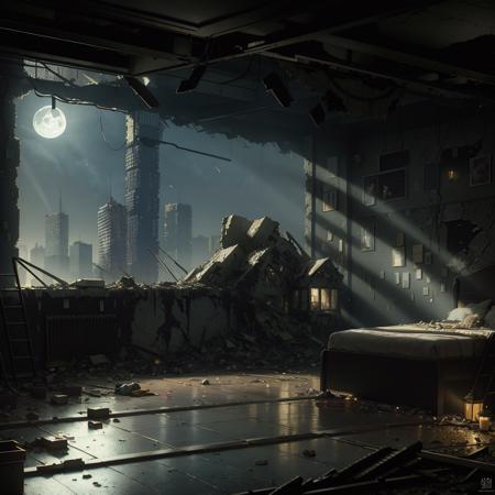 <lora:ApocalypseEngine2:0.9> semi-realistic, masterpiece, highres, highly detailed, Post-apoc, postapoc-scenery, ruined_cityscape, cityscape, indoors, night_sky, night, moon, light, indoors, ((bedroom, rubble, dark, no_humans))