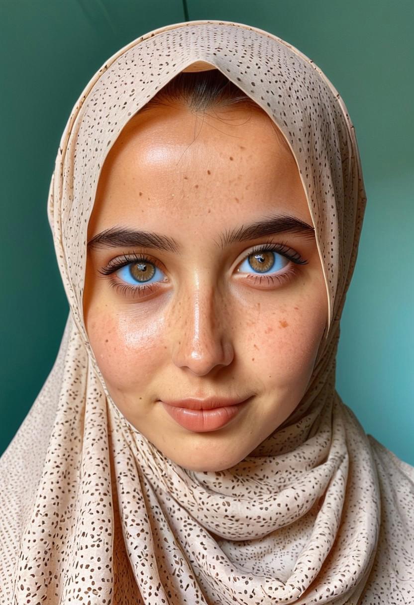 a woman realstic with brown hair ,hazel blue eyes , brown skin , light freckless ,influencer instagram, belarusian, hijab