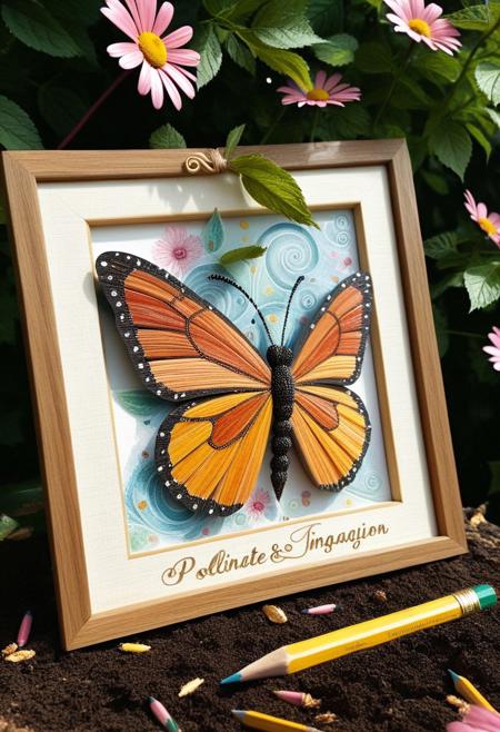 Hovering gently in a blossom’s heart, a butterfly entirely formed from tiny, glossy pencil shavings sips from a warm puddle of ink nestled inside a flower. Its wings are delicate layers of curled graphite sketches on tracing paper, semi-transparent, edged with jagged strokes of golden wood grain and fluttering in the sunlight like animated illustrations. Each leg ends in a drop of shimmering pencil lead dust, and its antennae curl like whimsical eraser smudges. Twisting ribbons of coiled shavings wrap around the bloom, while nearby leaves glisten with droplets of watercolor and pastel pigment. A small wooden sign hangs above the flower, engraved with: “Sketch & Bloom – Pollinate Your Imagination.”