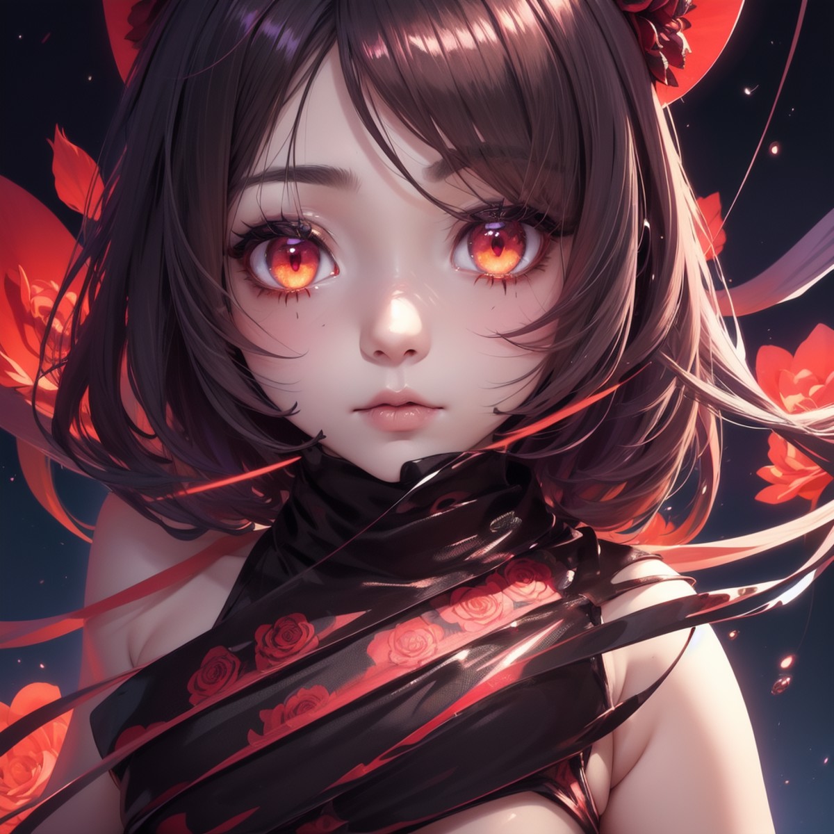 cat eye pupils iris of her eye, black red clothes, red glowing blood dripped roses, glowing flower feathers in her hair an...