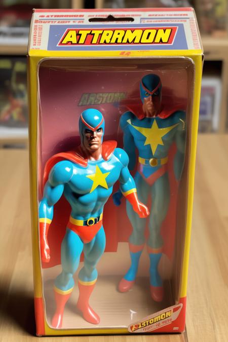 <lora:1987 Action Figure Playset Packaging:1>1987 Action Figure Playset Packaging - 1975s superhero figure named 'Astronom' standing in his cardboard box packaging, box front is with with flat transparent cellophane