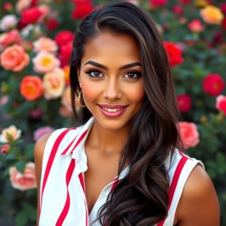 A portrait of a beautiful lady with light brown skin, long, wavy black hair, dark brown eyes, and soft red lipstick, wearing a white sleeveless button-down shirt with large red vertical stripes, the light shining from above her head at a 45-degree angle, against a colorful rose garden.