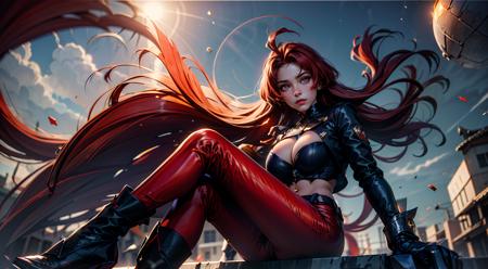 <lora:dextra_normal:0.8>, dextra_normal, solo, ahoge, long hair, very long hair, (red hair:1.2), floating hair, breasts, medium breasts, jacket, open jacket, red eyes, thighhighs, gloves, black gloves, lips, red lips, makeup, lipstick, navel, midriff, high heel boots, belt, pants, red pants, ass, open clothes, high heels, cape, (masterpiece),((ultra-detailed)), (highly detailed CG illustration),(expressionless), (best quality:1.2),(1girl:1.2),High quality texture, intricate details, detailed texture, High quality shadow, a realistic representation of the face, Detailed beautiful delicate face, Detailed beautiful delicate eyes, a face of perfect proportion, depth of field, ((Lens Flare, Ray tracing)), perspective,20s , perfect body, (narrow waist:1.3), distinct_image, (lustrous skin), solo focus, (finely detailed beautiful eyes and detailed face), (streaked hair ), light source contrast, (pureerosface_v1:0.5) , (ulzzang-6500-v1.1:0.5), <lora:epi_noiseoffset2:1>, <lora:add_detail:0.5>, ((floating hair, windy)), hair stick, siting in the bench, (big breasts:1.8), sexy