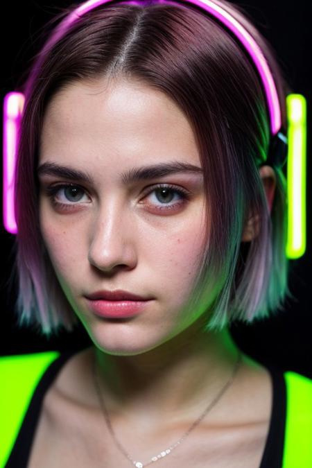 score_9, score_8_up, score_7_up, a beautiful 19 year old girl, short colored hair, (smirk), facial expression, horny, cybernetics, (neon glow, cyberpunk:1.2), (masterpiece, best quality, highres:1.2), (photorealistic:1.2), 16mm, color graded portra 400 film, remarkable color, ultra realistic, textured skin, remarkable detailed pupils, realistic dull skin noise, visible skin detail, skin fuzz, dry skin, shot with cinematic camera