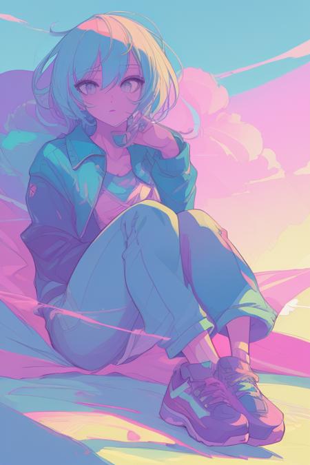 full body portrait, sneaker, jeans
Masterpiece, high quality, best quality, highres,
 <lora:PE Neon Pastel Anime Style 1.5:0.8> PENeonPastel, anime, vibrant colors, pastel color, neon color