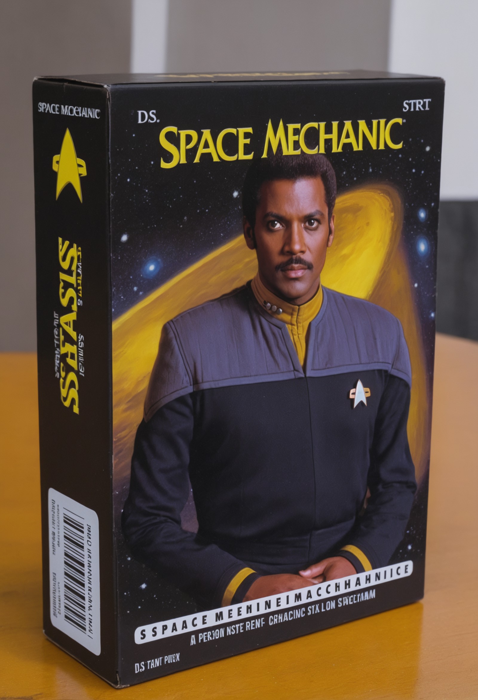 boardgame box on a table,box of game named "SPACE MECHANIC" with a cover art of person wearing black and grey ds9st unifor...